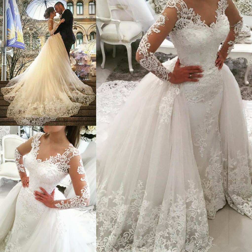 appliqués, wedding dress, v-neck and long sleeves