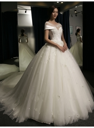 puffy, wedding dress and scoop