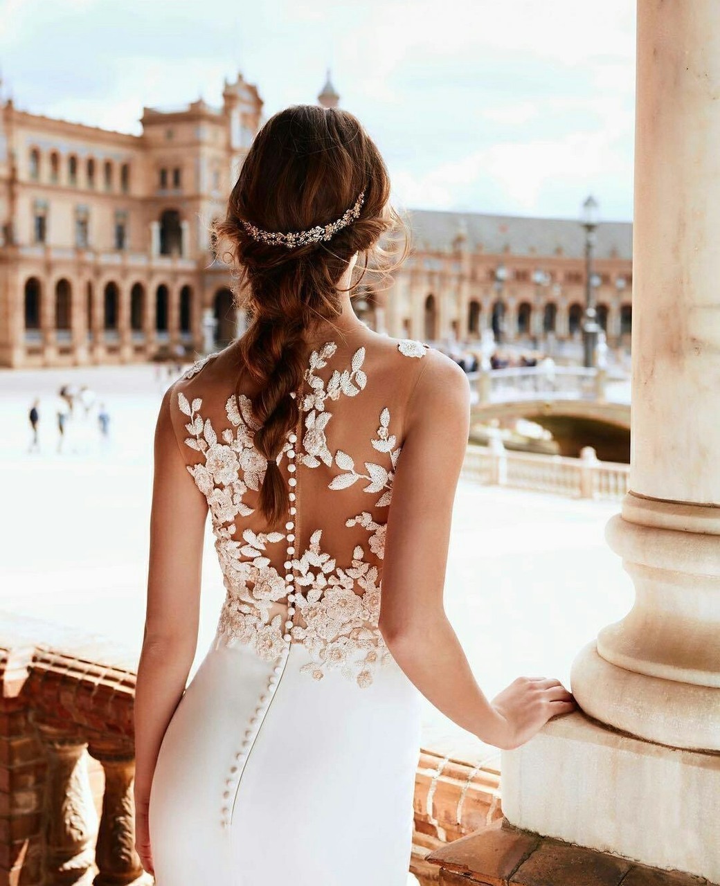 lace, elegant, wedding dress and hairdo