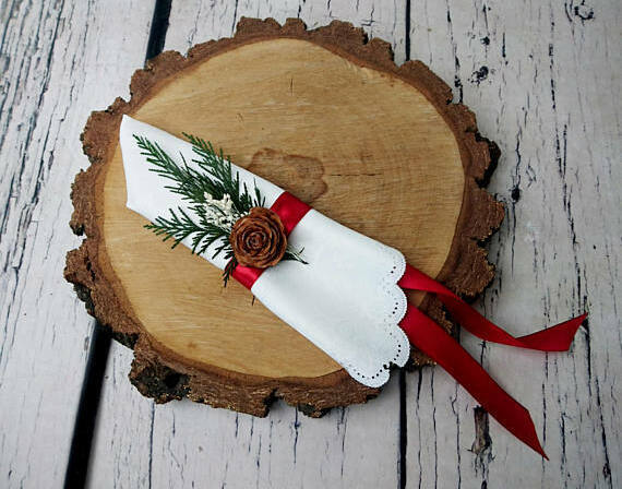 etsy, red satin ribbon and cedar napkin holder
