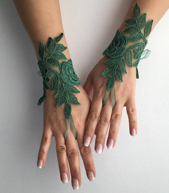 green lace gloves, barefoot sandals, bridal gloves and bridesmaid gloves