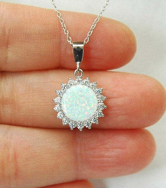 round opal pendant, october birthstone, wedding jewelry and opal necklace silver