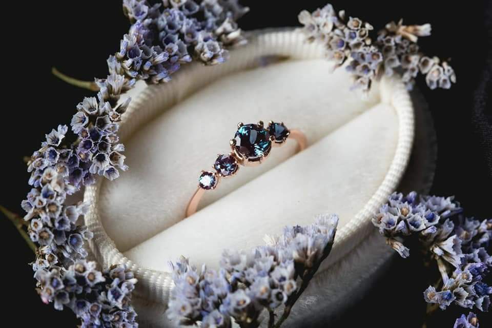 purple, rosegold, wedding ring and blue crystal