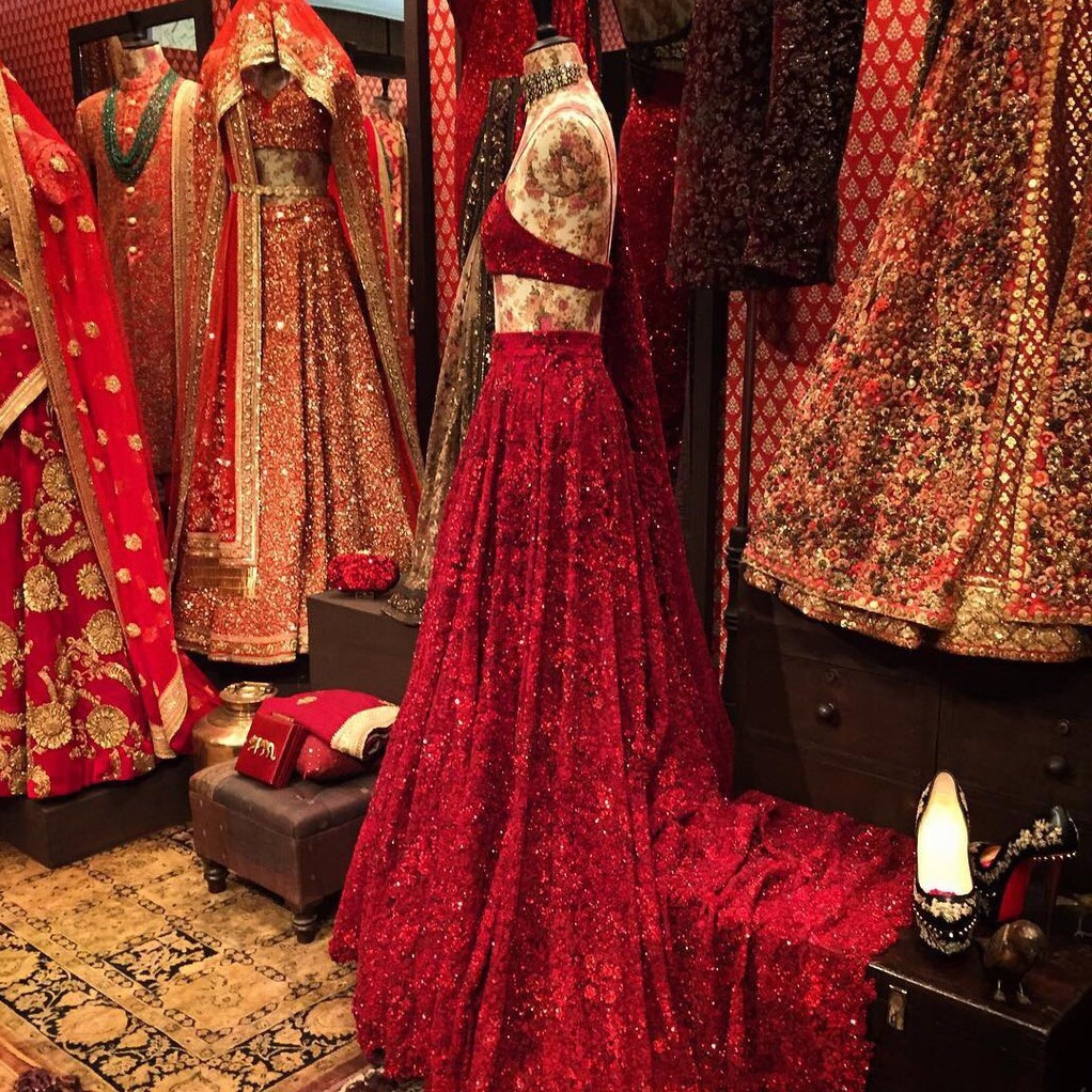 red, dress, lehenga and shine
