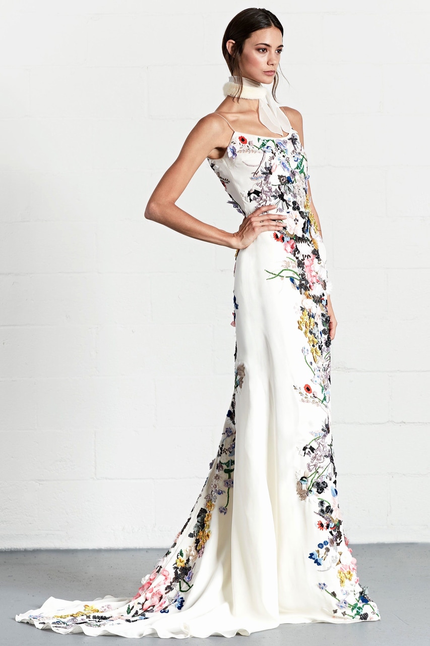 dennis basso, wedding dress, embroidery and unique