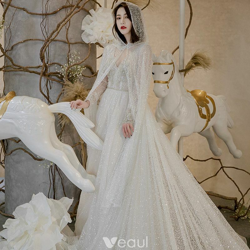 sparkly wedding dress, glitter wedding dress, with cloak wedding dress and bridal gown