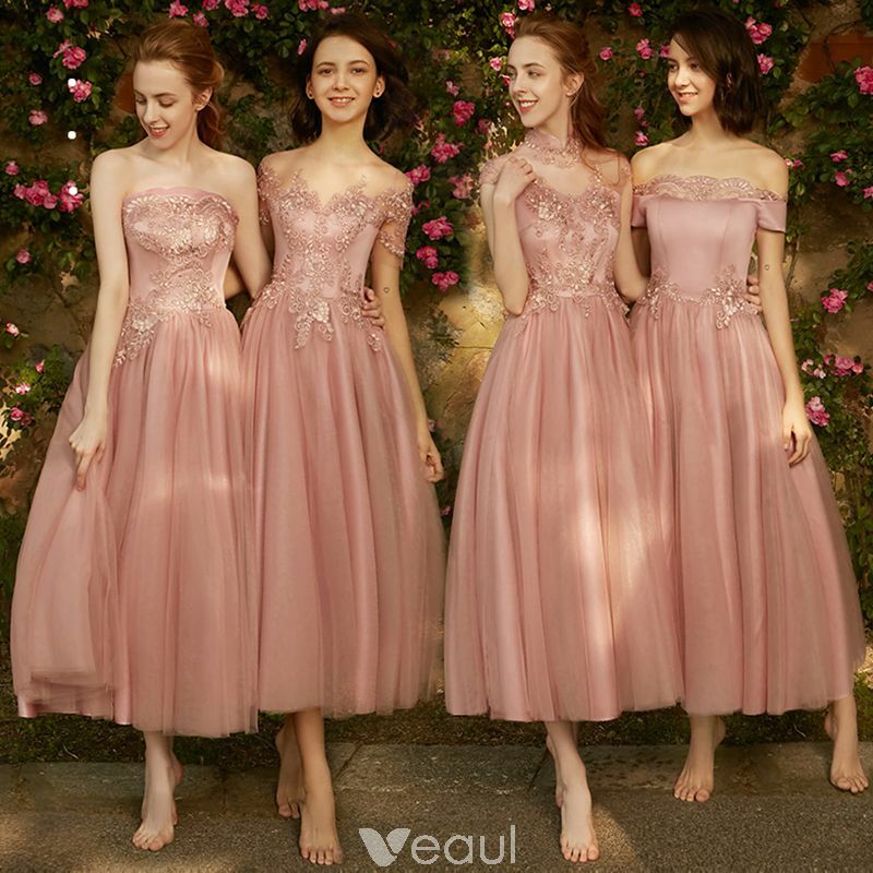 tulle, pearl pink dress, wedding party dress and lace