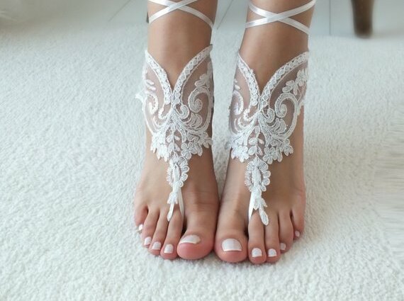 wedding shoes, bridal anklet and lace barefoot sandal