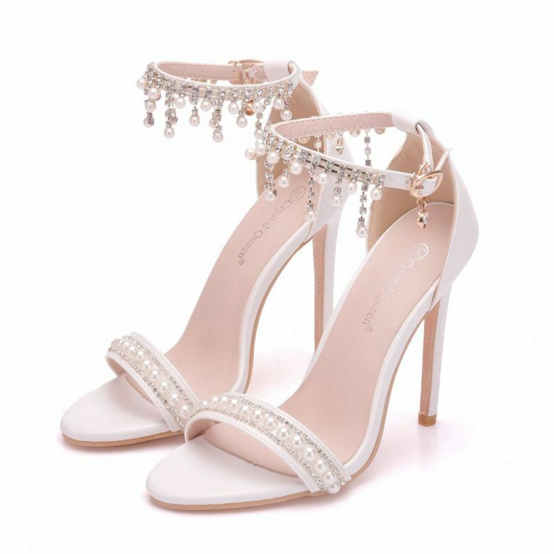 ankle strap, wedding shoes, 11 cm stiletto heels and pearl rhinestone tassel