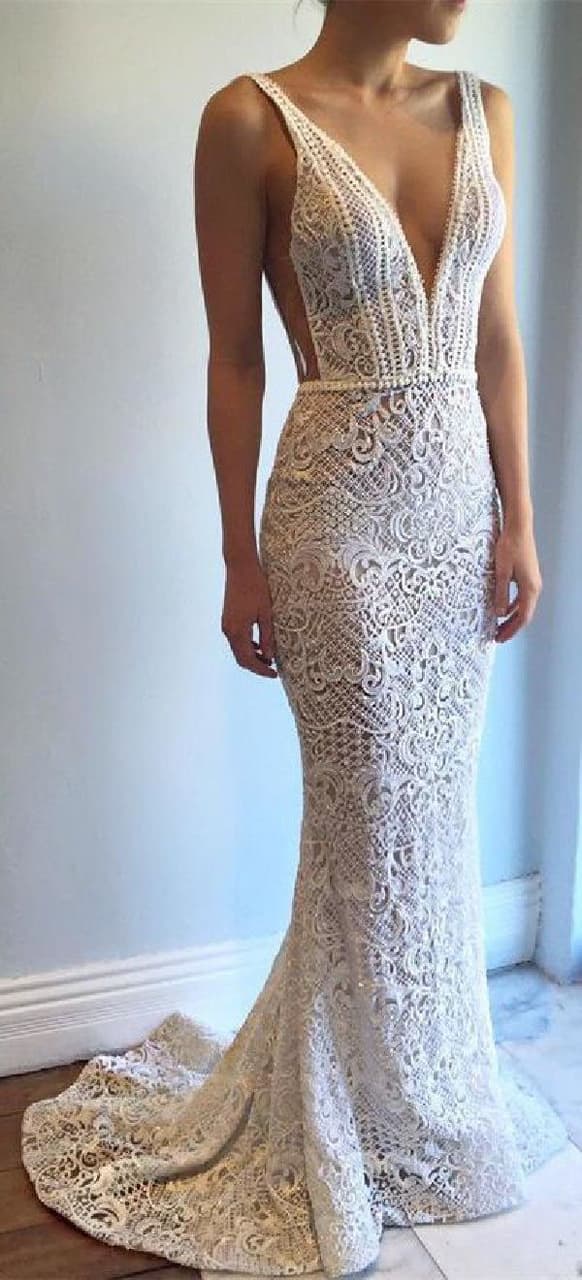 v-neck wedding dress, backless wedding dress, wedding dress mermaid and lace wedding dress