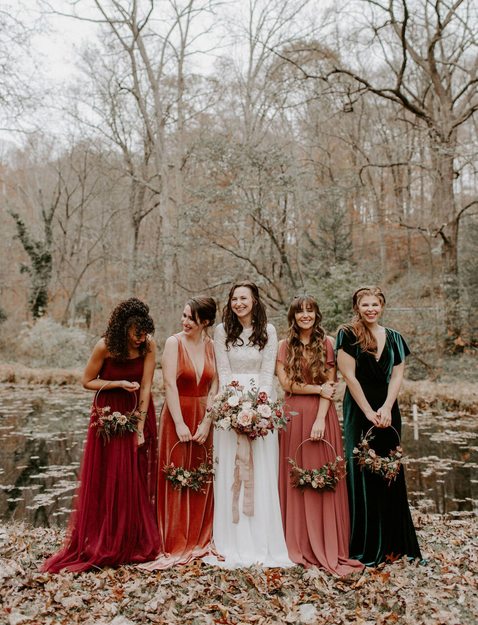 wedding party, gowns, fall and style