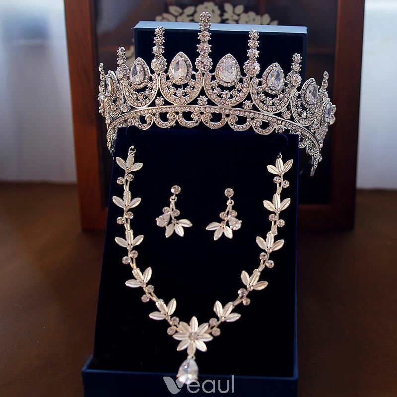 earrings, necklace, silver tiara and rhinestone