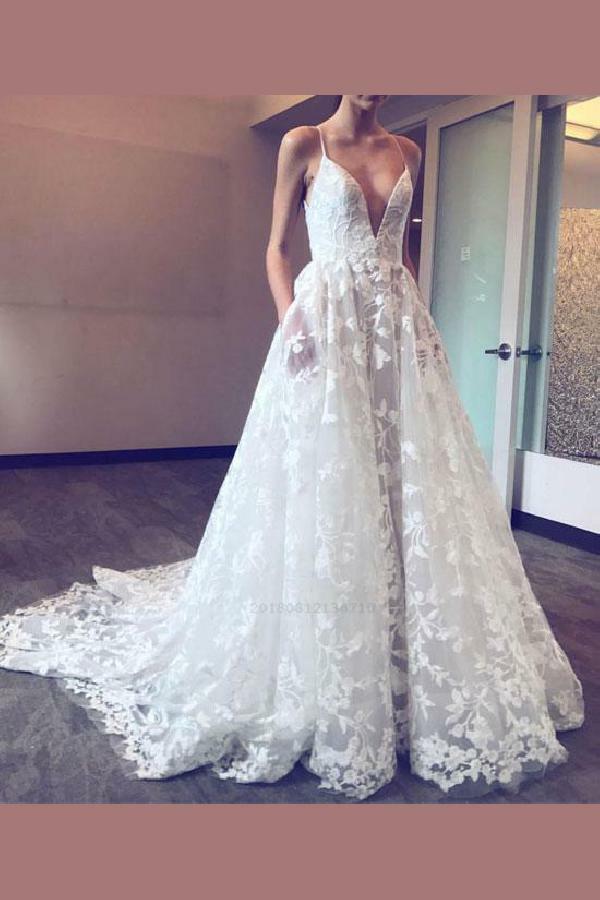 prom dress white, lace white prom dress, v-neck wedding dress and long prom dress