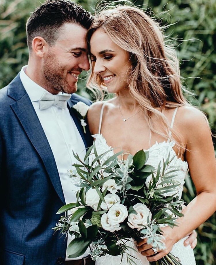 gown, love, couple and bouquet