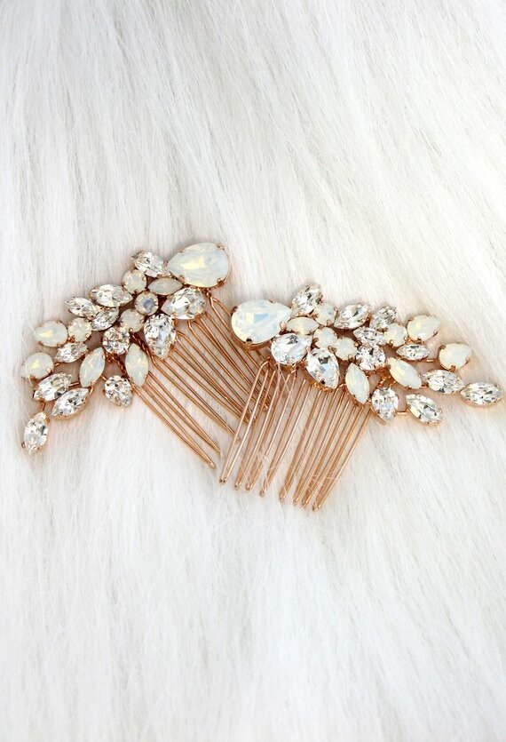 etsy, white opal, crystal hair comb and bridal headpiece