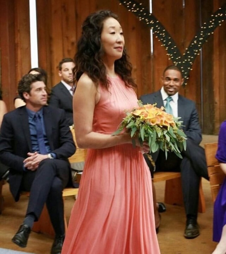 peach dress, flowers, tv show and bridesmaid