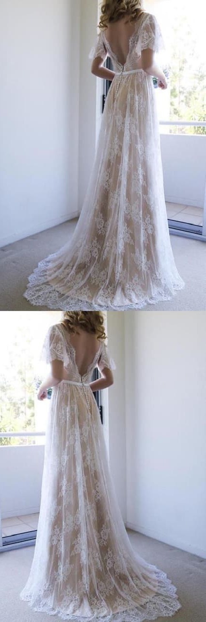 ivory wedding dresses, backless party dress and wedding dresses v-neck