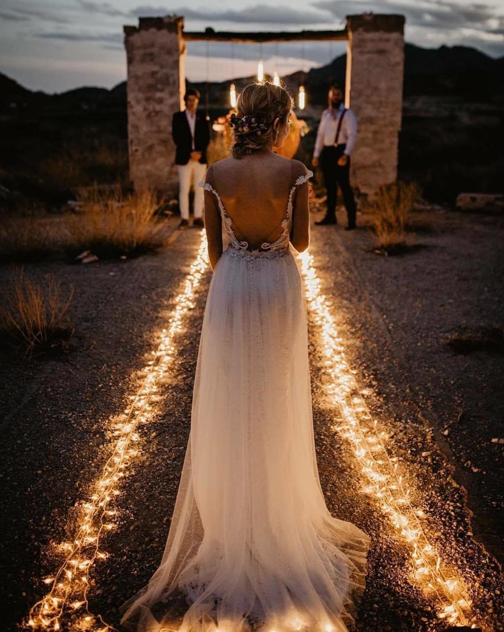 alohaestudio, outside, wedding dress and lights
