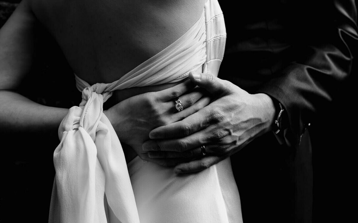 wedding dress, couple, hands and back