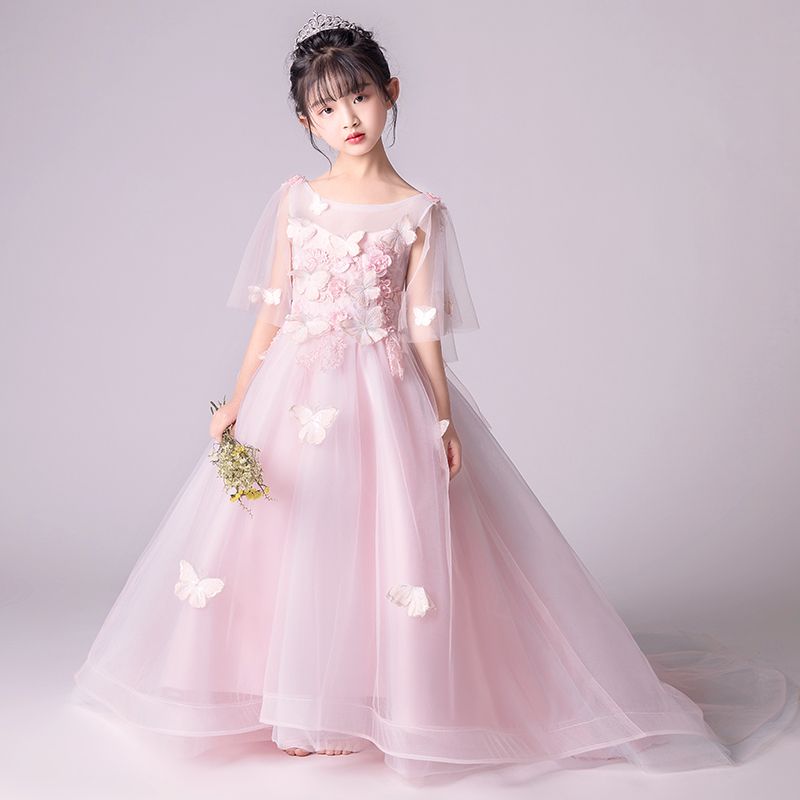little girl dress, butterfly lace, wedding party dress and blushing pink dress