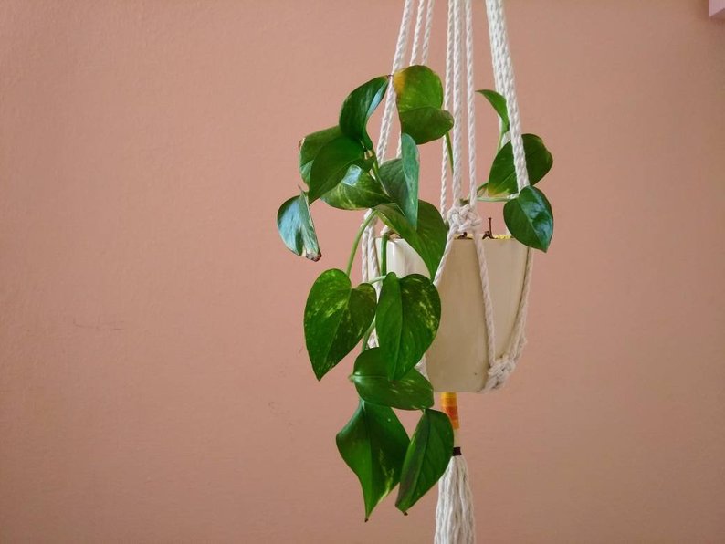 mid century modern, geometric macrame, white hanger and bohemian decor