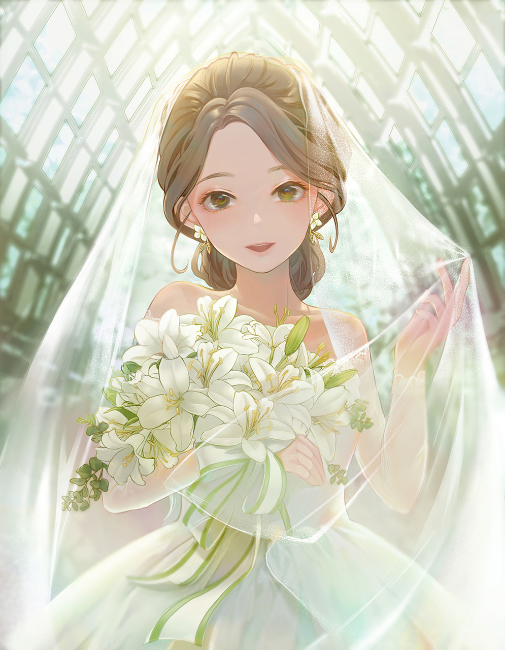 brown hair, jewelry, happy and smile