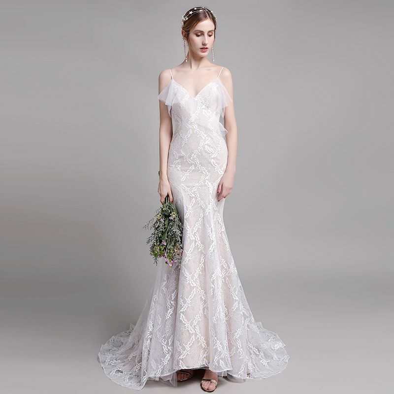 spaghetti straps, beach wedding dresses, sweep train and backless