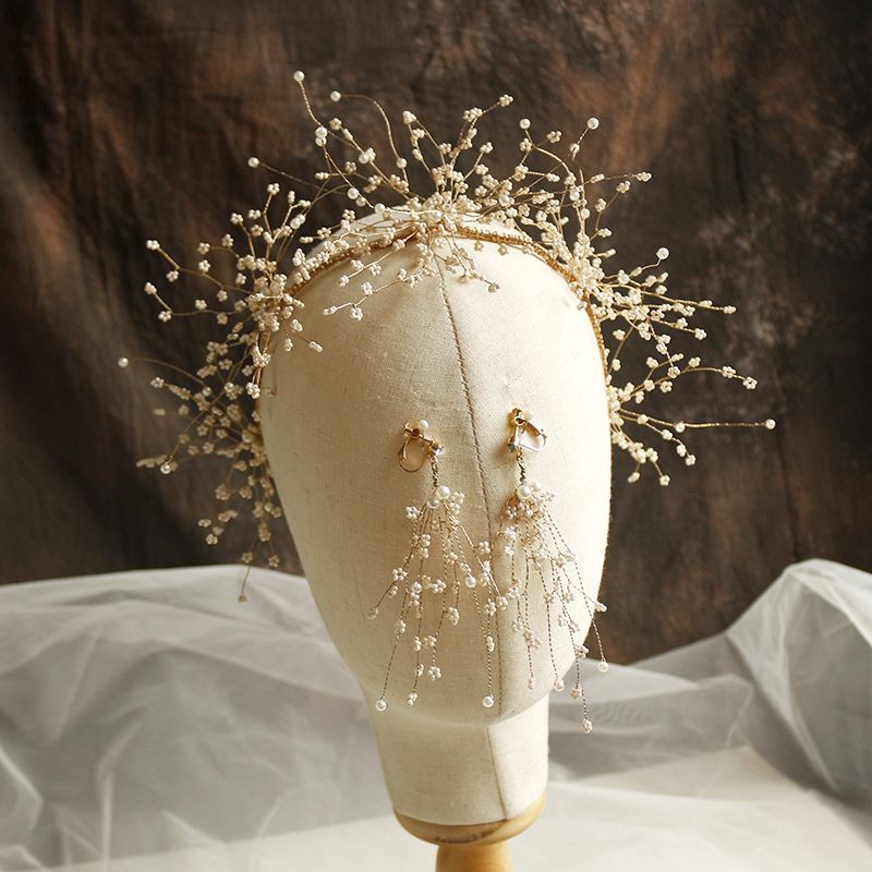 gold accessories, tiara, wedding accessories and pearl tassel