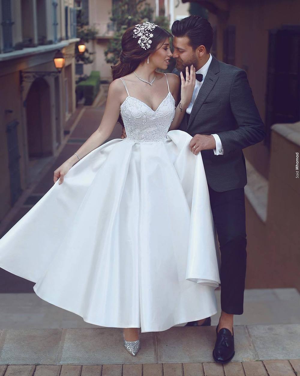 informal wedding, romantic, short wedding dress and bride and groom
