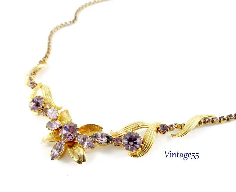 rhinestone, lilac orchid, retro necklace and flower girl necklace