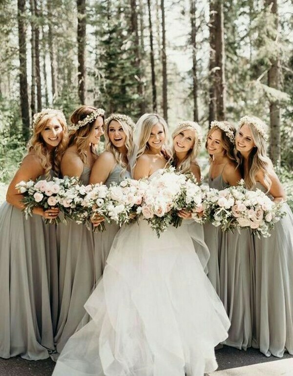 dress, bride, bridesmaids and smiles