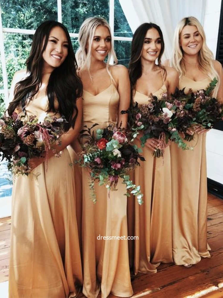 bridesmaid dress, wedding party dresses, gold bridesmaid dress and satin bridesmaid dress