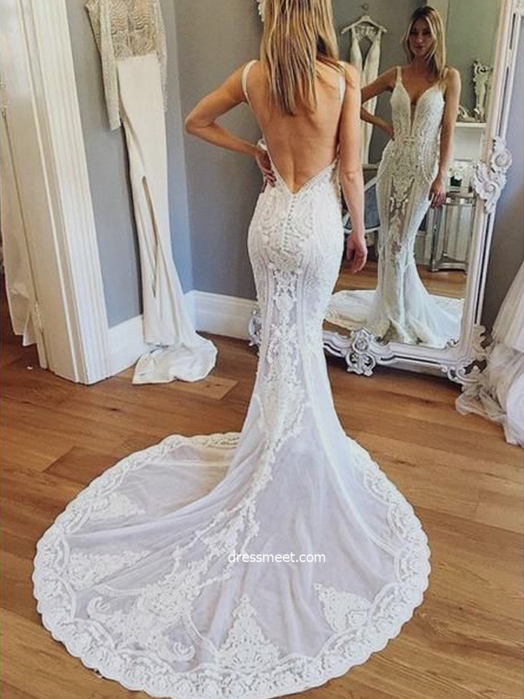 v neck wedding dress, lace wedding dress, backless wedding dress and wedding dress