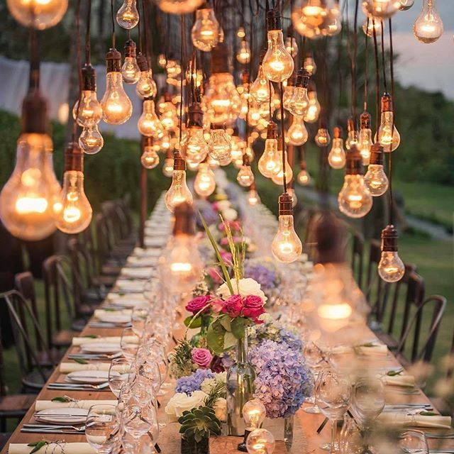 reception, lightbulbs, @weddingdayready and flowers