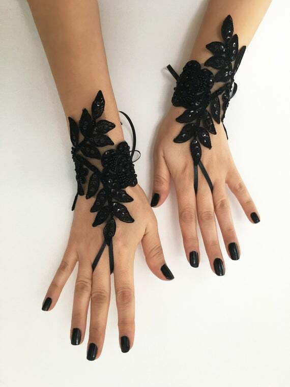 etsy, goth wedding, gothic glove cuff and black lace gloves
