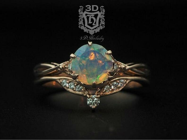 opal wedding ring set, floral ring, diamond ring and bridal ring
