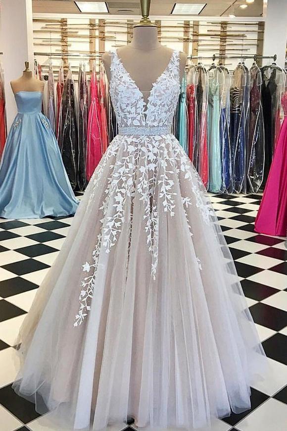 tulle ball gown, prom dress, v neck and appliqués