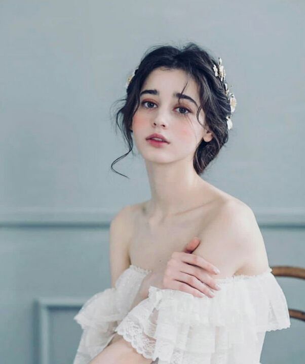 pale skin, dress, long hair and flowers