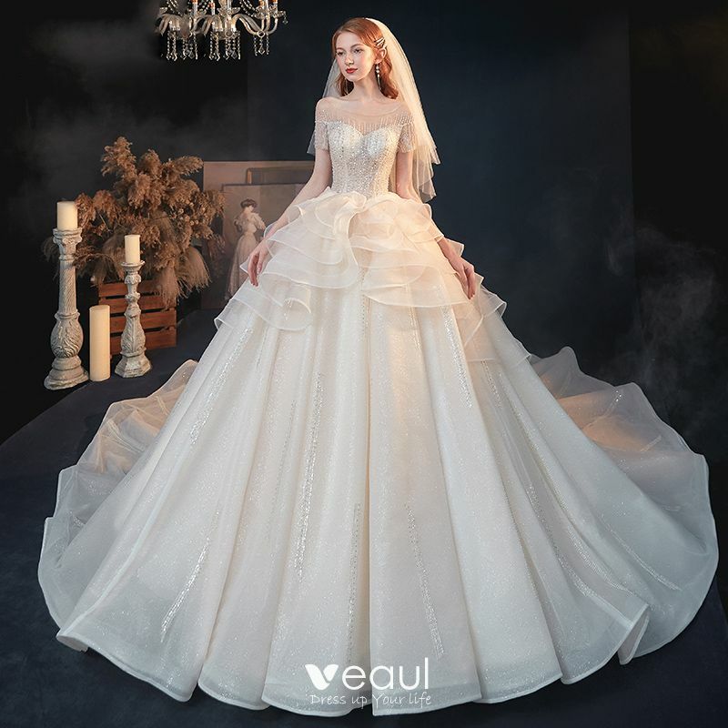 wedding dress 2020, champagne wedding dress, beading and tulle wedding gown