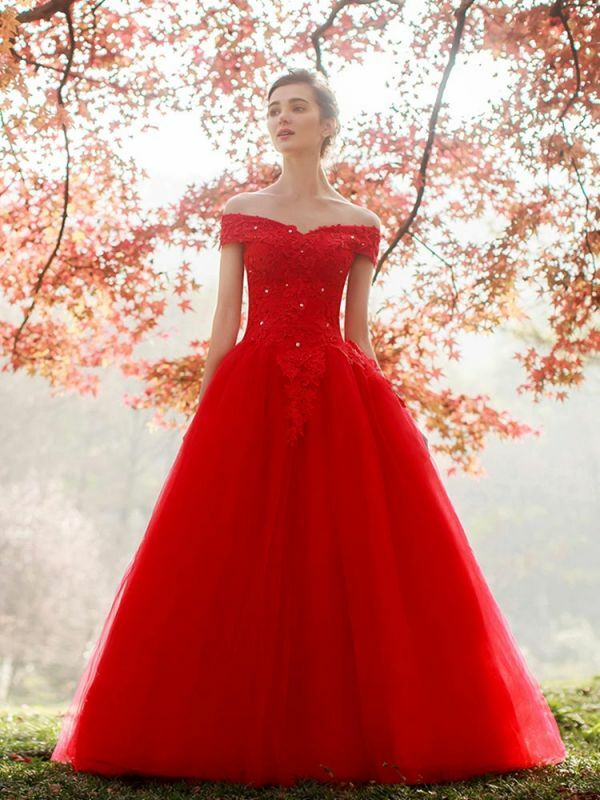off-the-shoulder strap, wedding dresses, red tulle and beaded