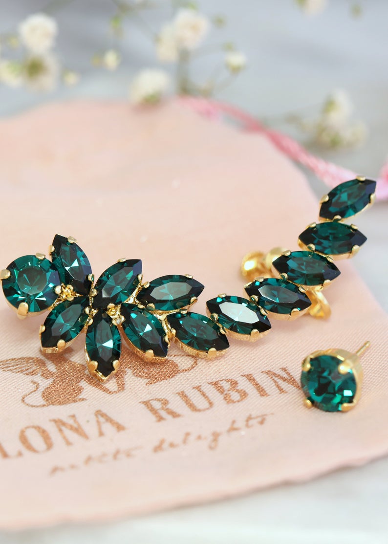 emerald earrings, ear cuffs, bridal earrings and ear cuff earrings
