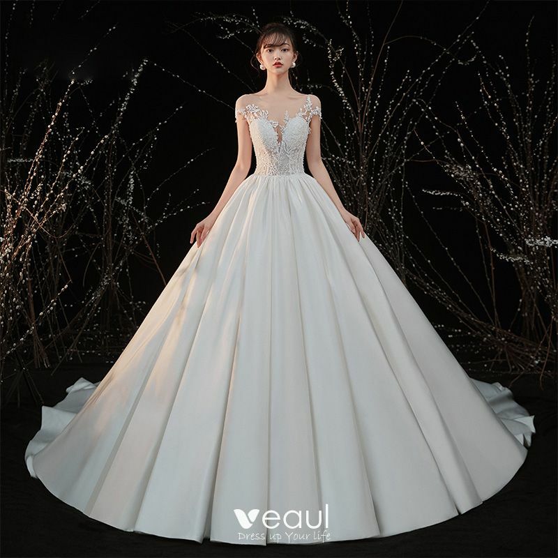 satin wedding dress, illusion wedding dress, bridal gown and bride