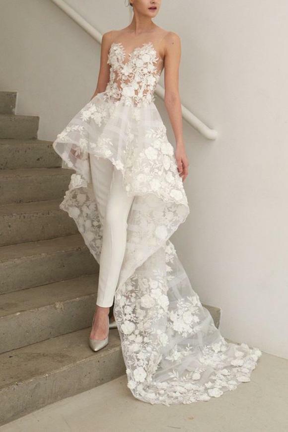 pfw0324, appliqués, illusion and high-low wedding jumpsuit