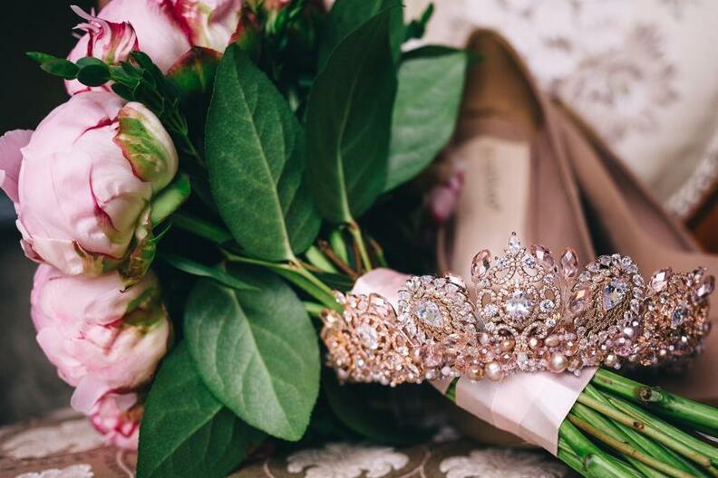 bridal tiara pearl, diadem, wedding headpiece and rose gold headband