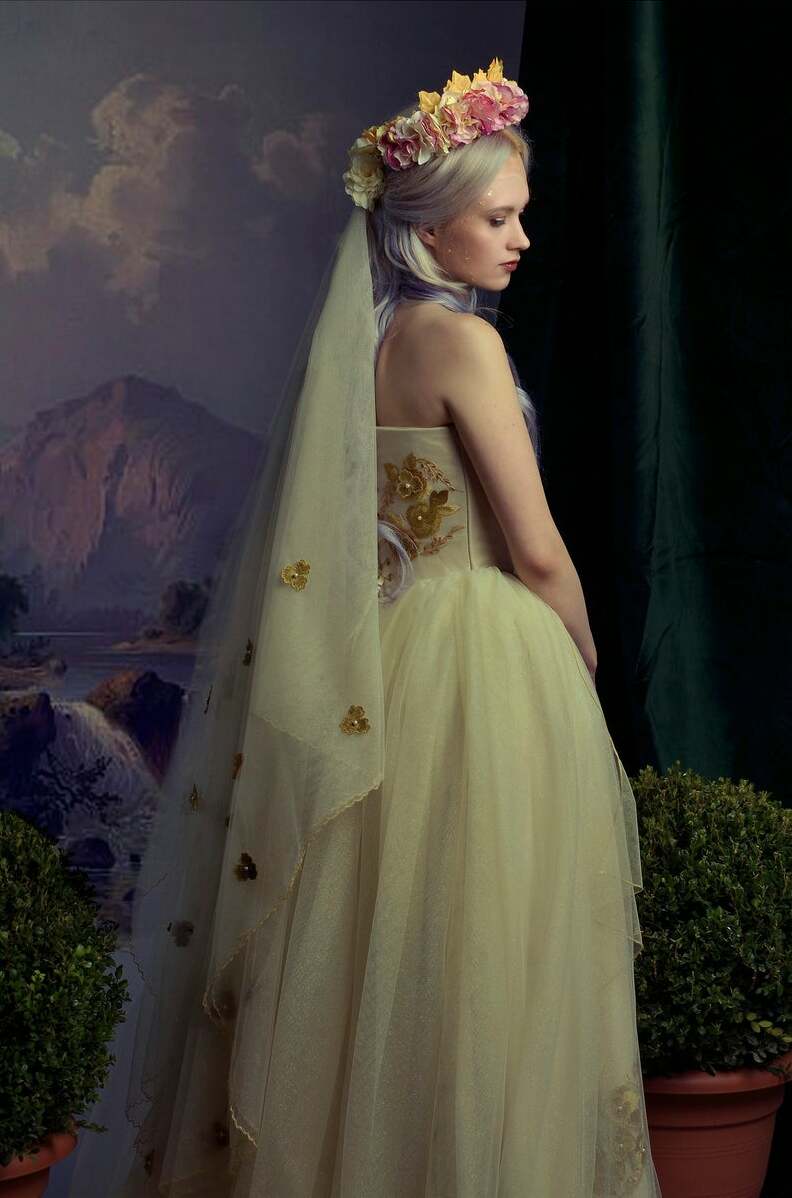 hair, floral, flower tiara and wedding dress