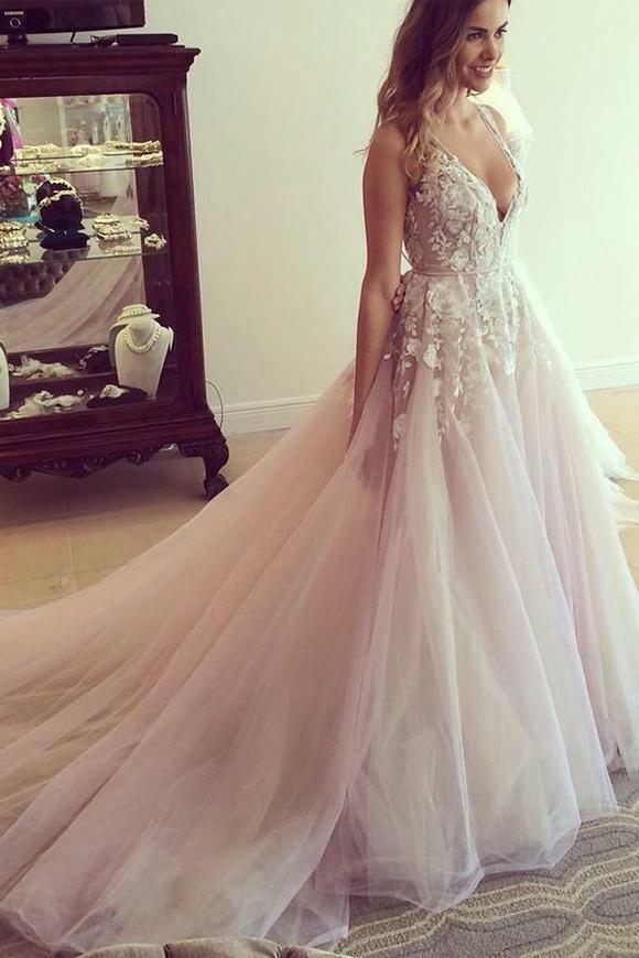 prom dress, long tulle wedding dress, v-neck and appliqués