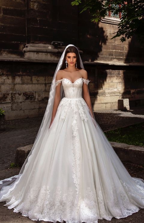 wedding dress, white, off-the-shoulder and dress