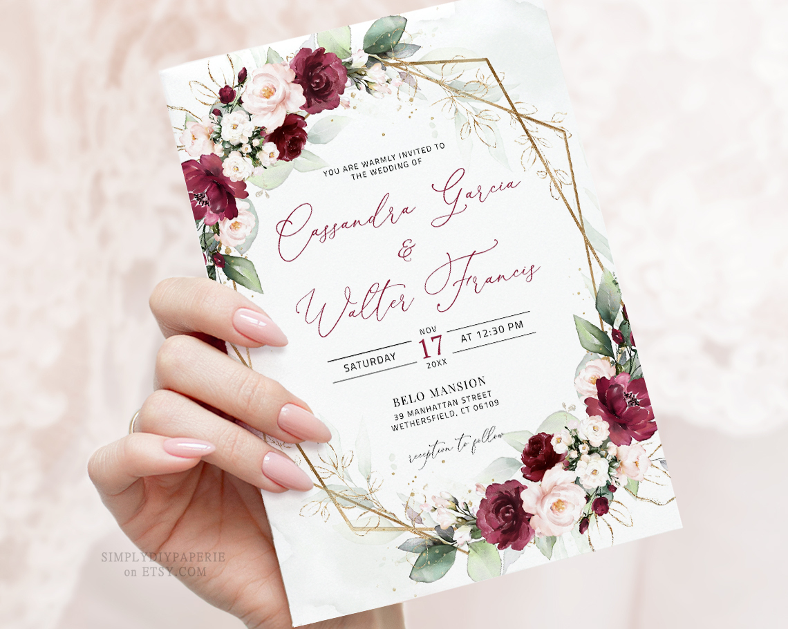wedding invite, burgundy and blush, inexpensive weddings and wedding invitations