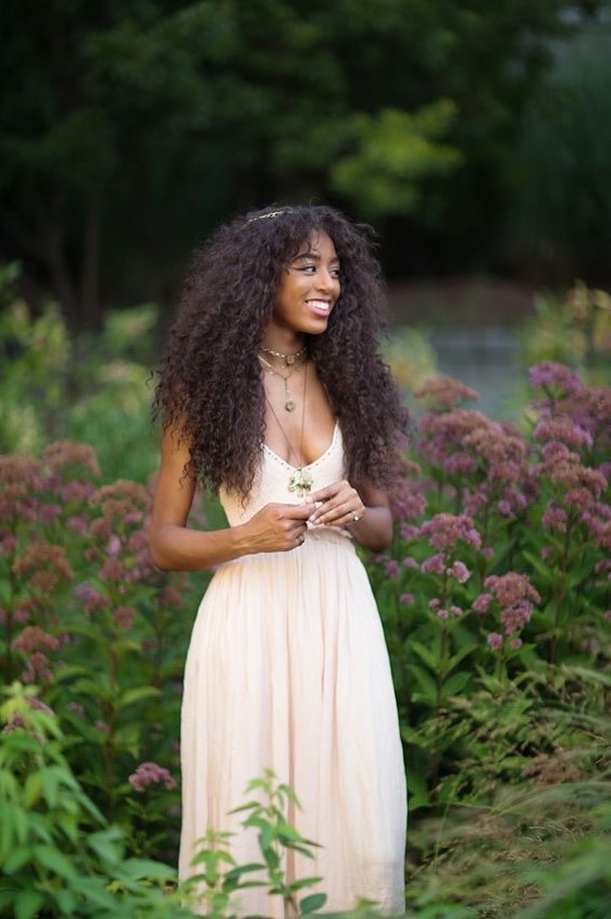 smile, photography, cream dress and curly hair