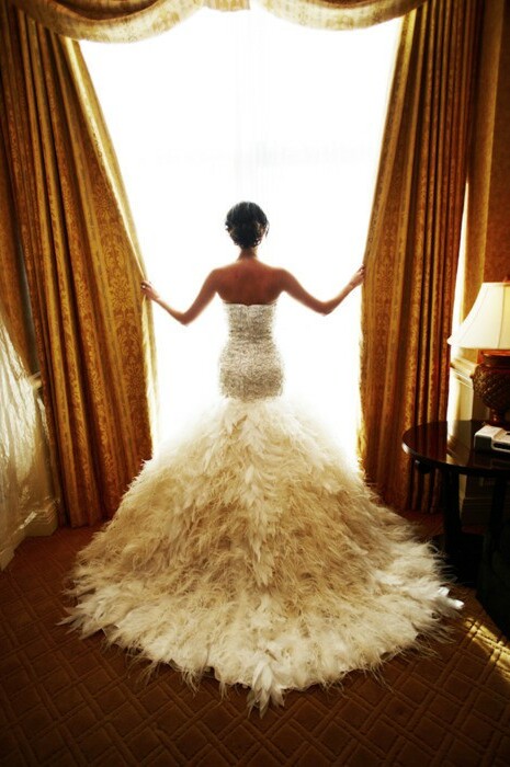 feathered gown, feathers, wedding dress and fashion